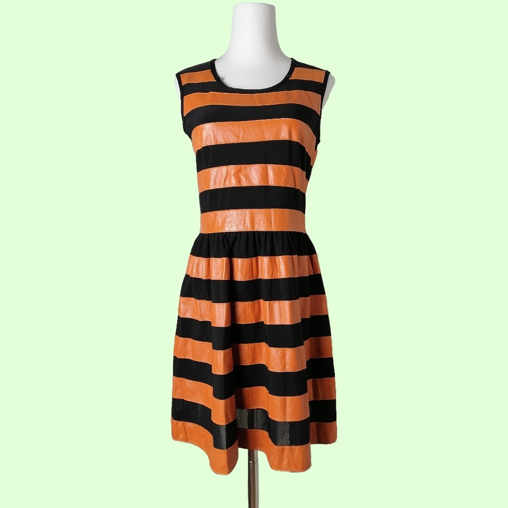 sz:L,genuine leather and black mesh material striped, sleeveless dress